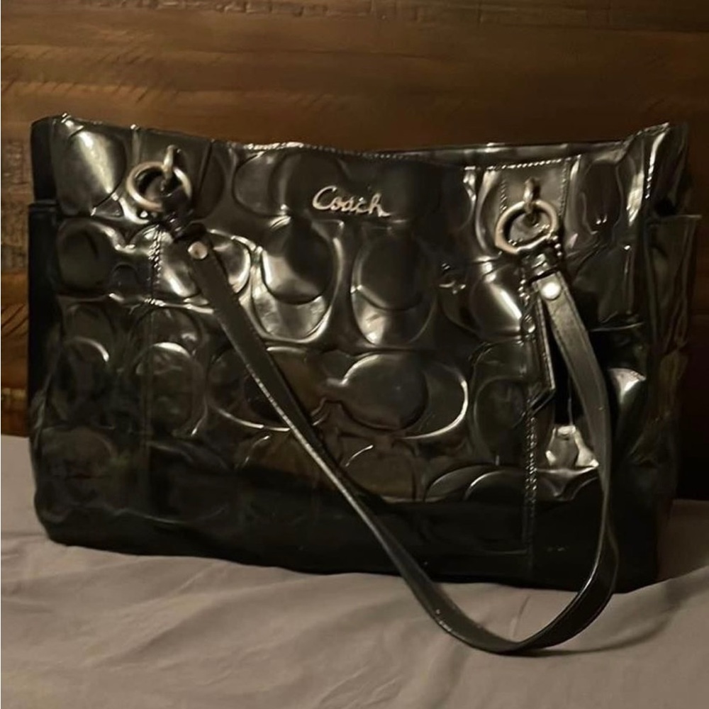Black patent leather coach logo purse
